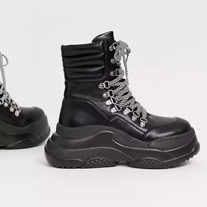 Lamoda black chunky lace up hiker boot women's 9